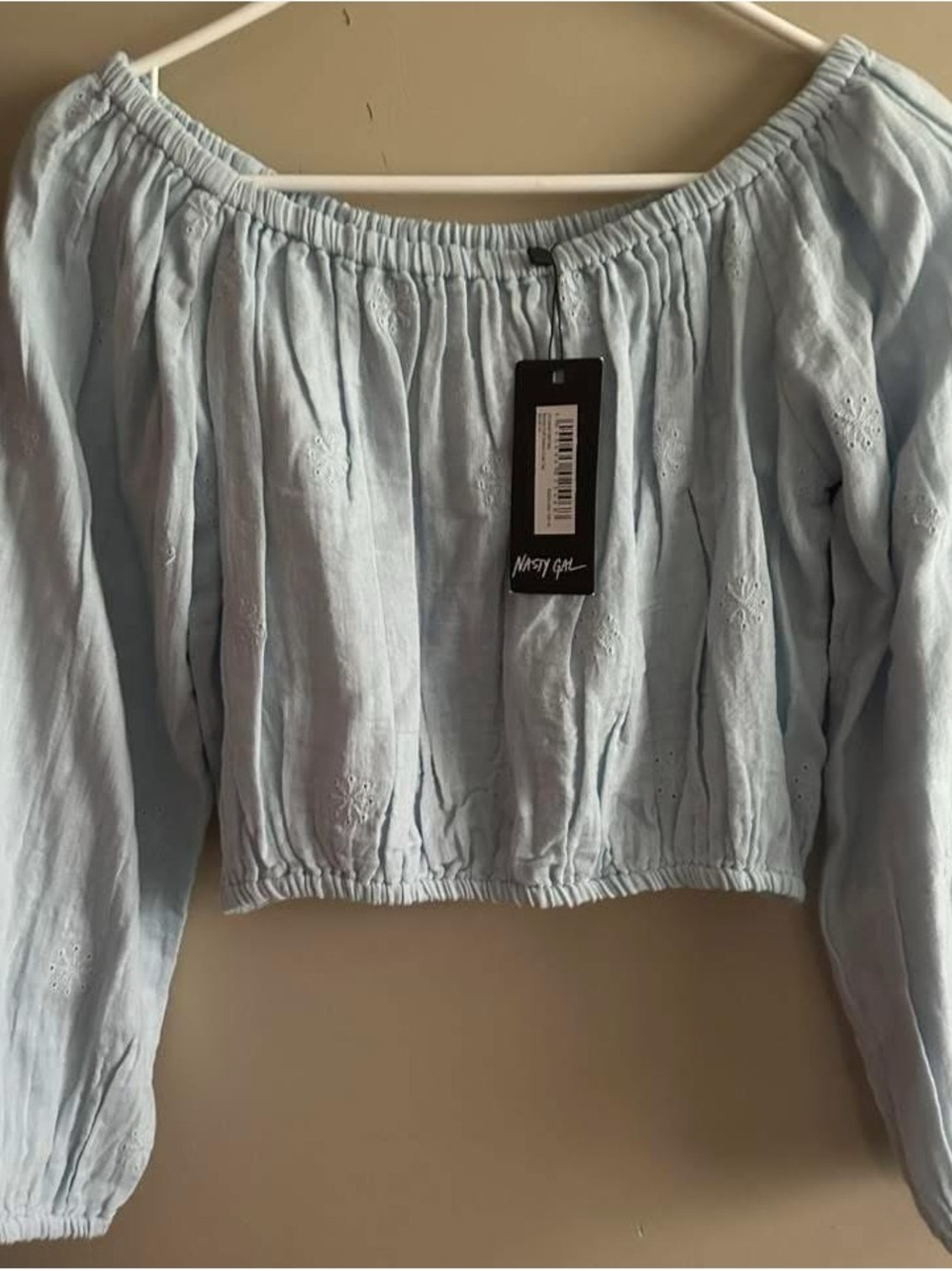Nasty Gal Pale Blue Elastic Off-Shoulder Crop Top